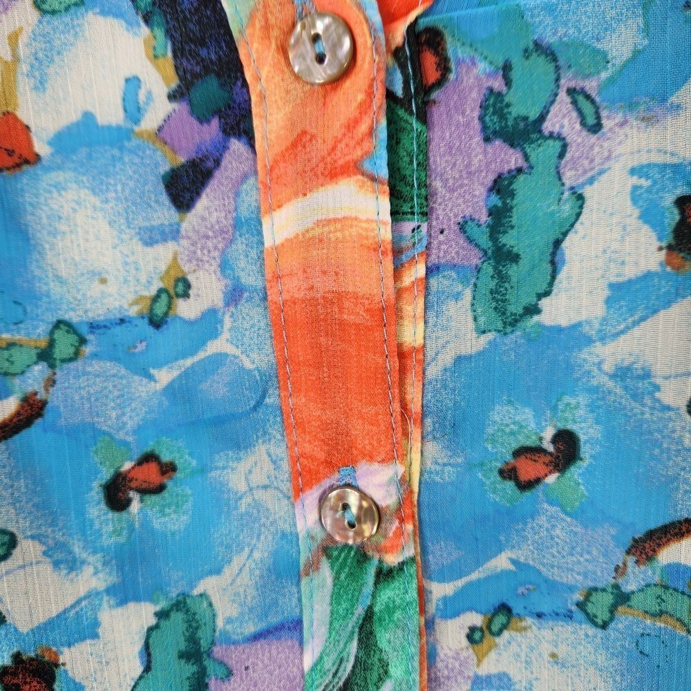 Figueroa Flower Watercolor Floral‎ Button Down Blouse Blue Orange Multi Print 1X - Picture 9 of 12